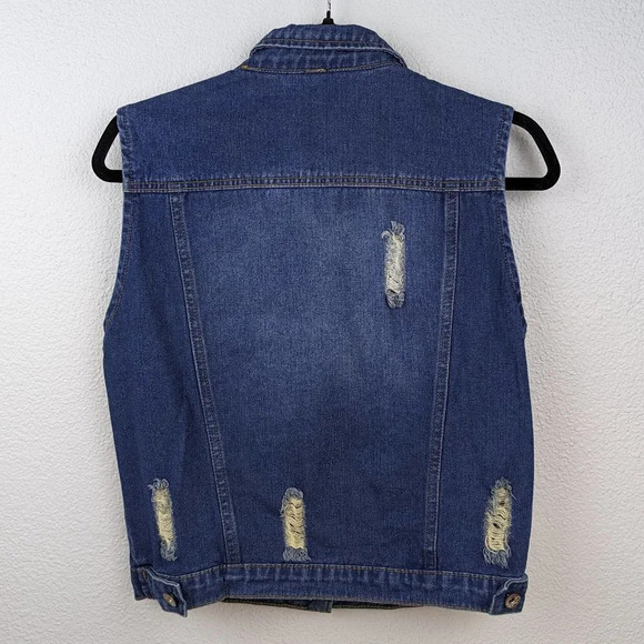 Blue Jean/ Denim Vest Sleeveless Distressed Button Front Size Medium - Picture 4 of 8